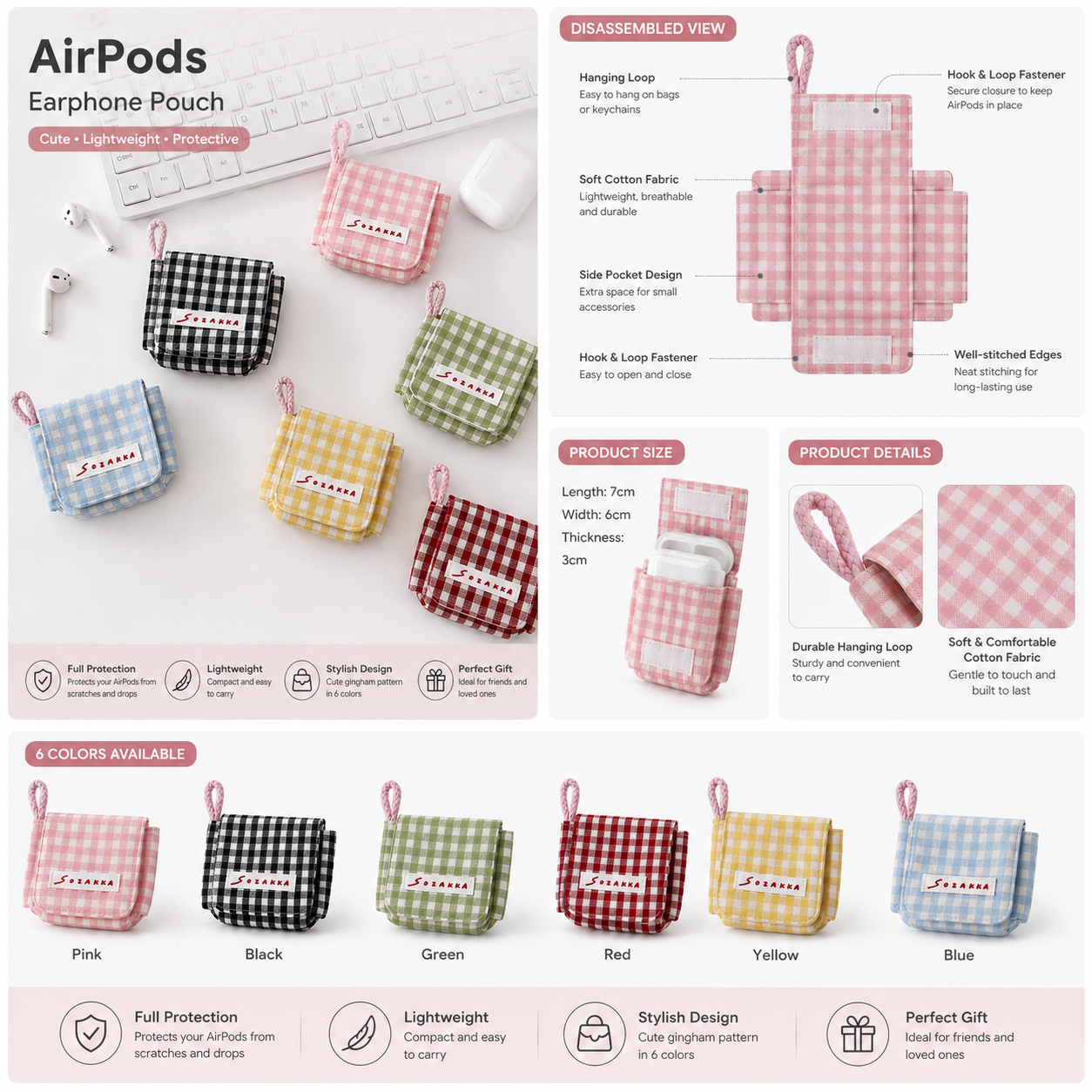 AirPods pouch structure showing soft cotton fabric, hook and loop closure, hanging loop and protective design details