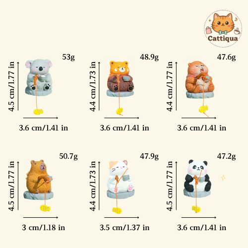 Size and weight details of six cute animal figurines desk decor set showing dimensions and lightweight design for each Chinese style blind box animal figurine
