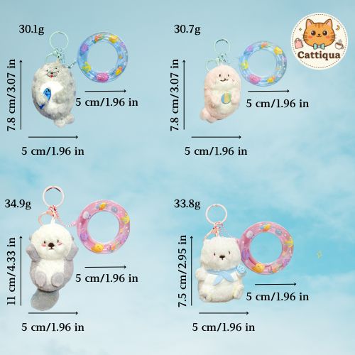 Size and weight details of animal keychains with swim rings including polar bear, orca, pink dolphin, seal and otter