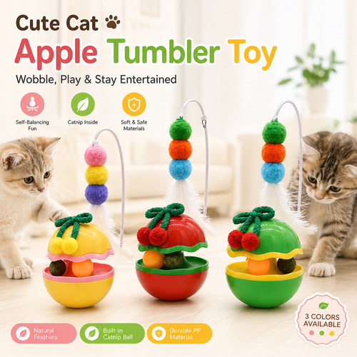 apple-shaped cat wobble toy with feather teaser and catnip ball interactive pet toy for indoor cats