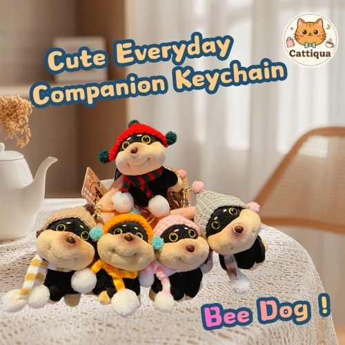 Five cute bee dog plush keychains wearing hats and scarves, soft plush pendant collection, kawaii animal keychain set for bag decoration