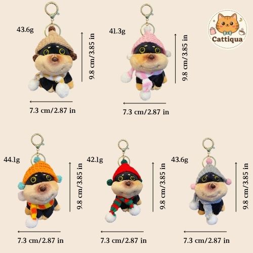 Bee dog plush keychains size chart showing 7.3cm height and 9.8cm length, different weights for five styles, soft plush pendant measurement details