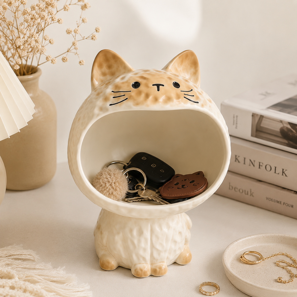 Cute cat storage tray for keys and jewelry, aesthetic home organizer for desk or entryway