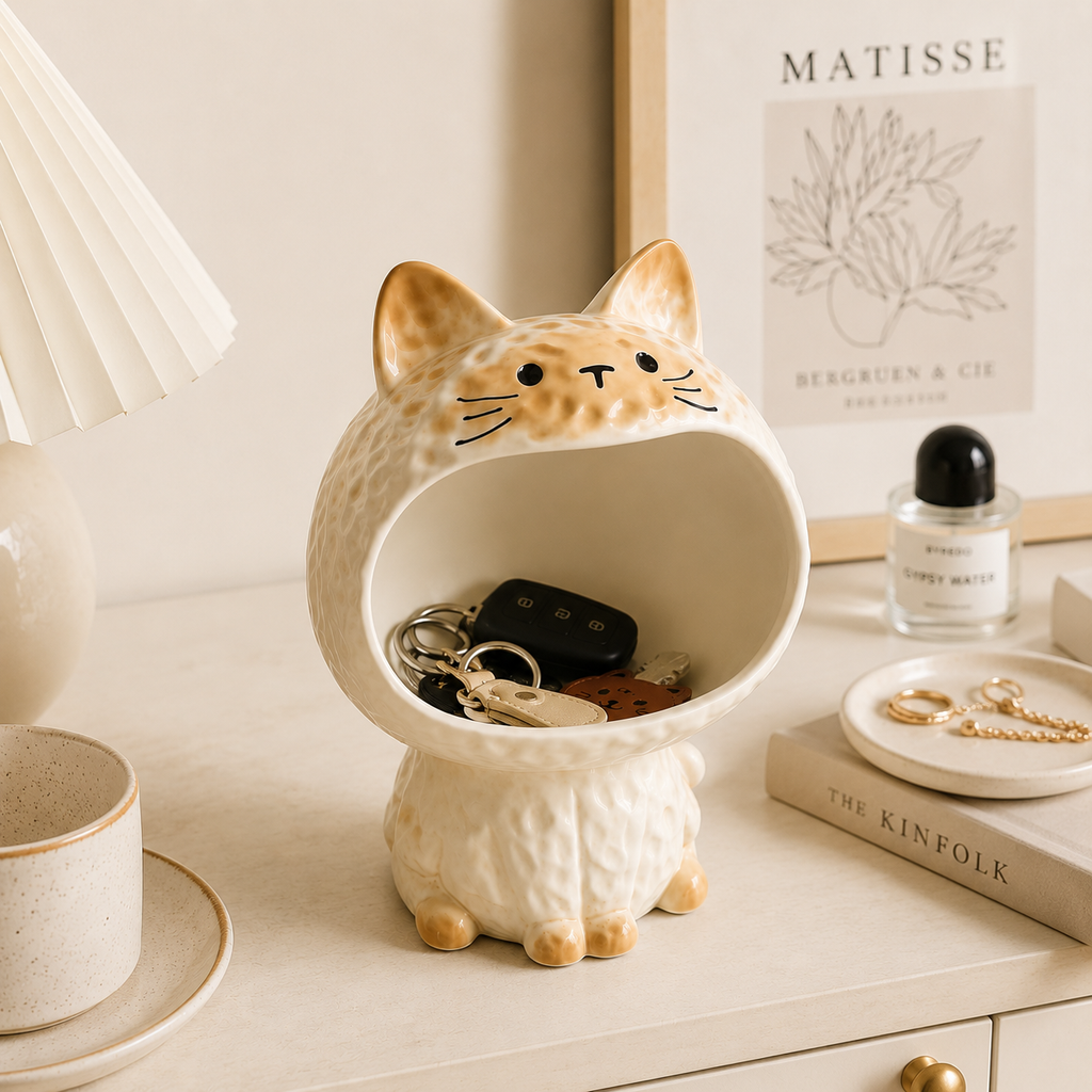 Cute cat key holder organizer on desk, aesthetic home decor for storing keys and small items