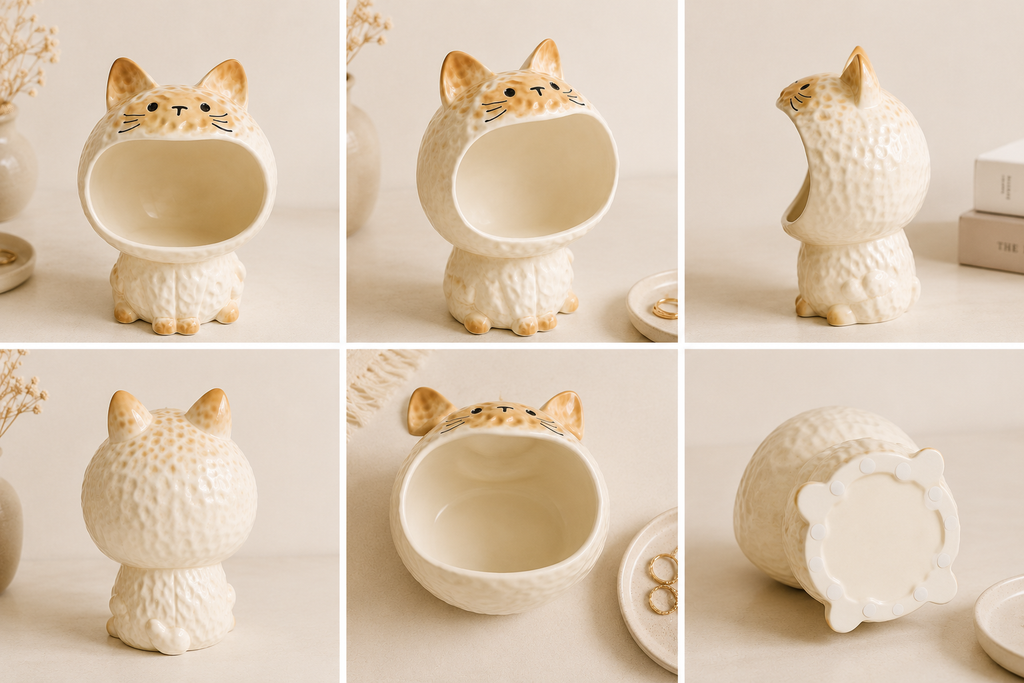 Multi angle view of cute cat storage tray showing wide opening and stable base for everyday use