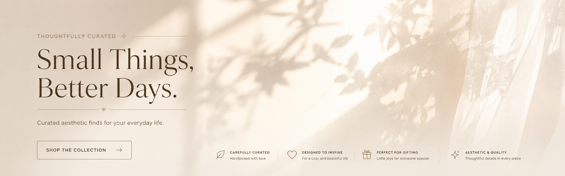 Minimalist homepage banner with soft beige background, natural light shadows, and cozy aesthetic lifestyle branding for an online accessories store