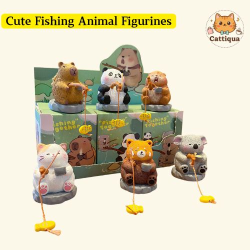 Set of six Chinese style animal fishing figurines including groundhog, red panda, panda, calico cat, capybara, and koala, cute desk decor blind box style collectible figurines