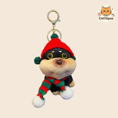 Christmas hat bee dog plush keychain, festive kawaii animal pendant, soft stuffed toy charm for backpack and holiday gift decoration