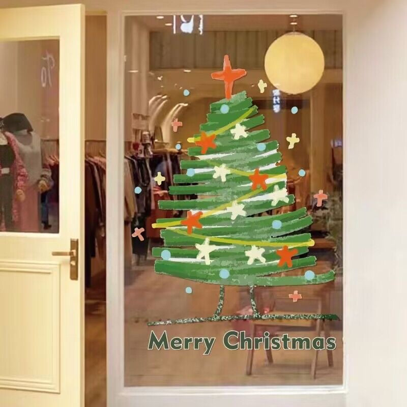 green hand drawn christmas tree window sticker glass door decor