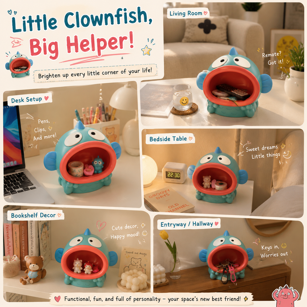 Cute clownfish organizer used on desk, bedside table, and living room for storing keys, remote control, jewelry, and small accessories
