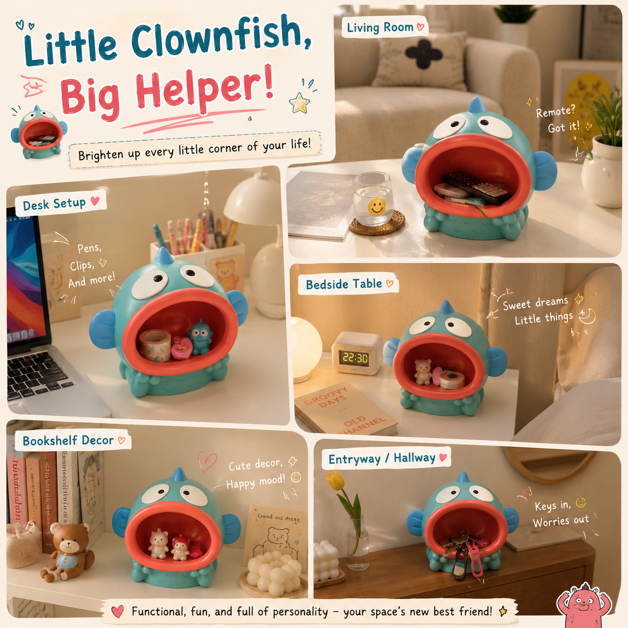 Cute clownfish organizer used on desk, bedside table, and living room for storing keys, remote control, jewelry, and small accessories