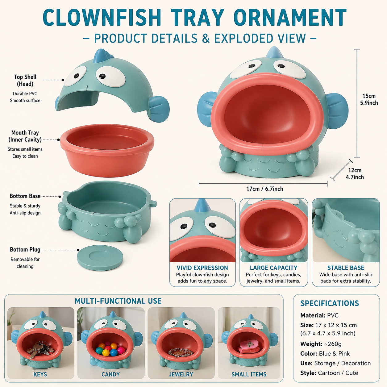 Clownfish tray organizer exploded view showing parts, material, size, and multifunctional storage design for small items and home decor