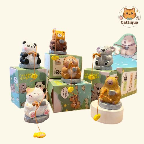 Display of six cute animal fishing figurines arranged together including panda, capybara, red panda, cat, koala, and groundhog as Chinese style desk decor collectible set