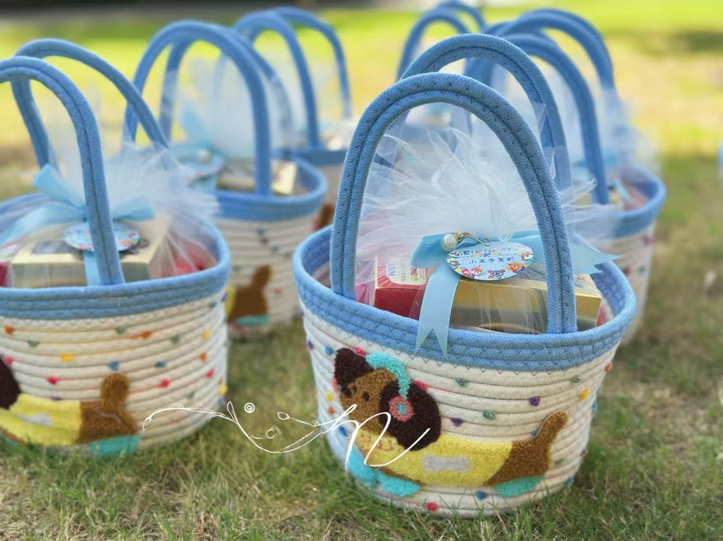 cute kawaii rope woven basket with dachshund design pastel storage organizer with handle biue