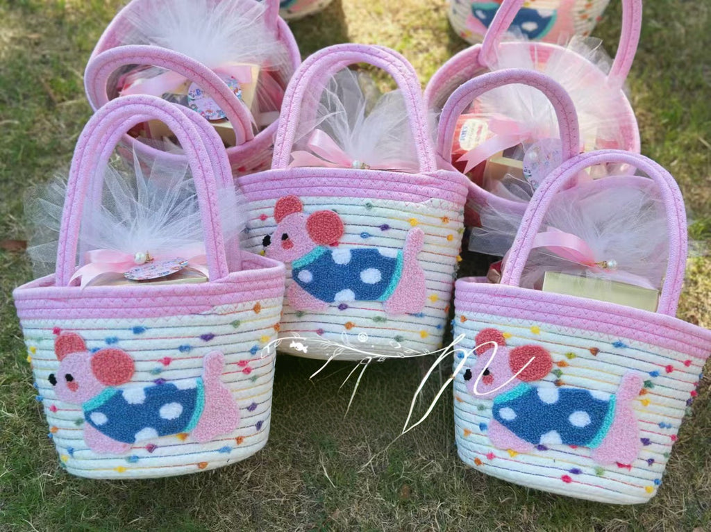 cute kawaii rope woven basket with dachshund design pastel storage organizer with handle pink