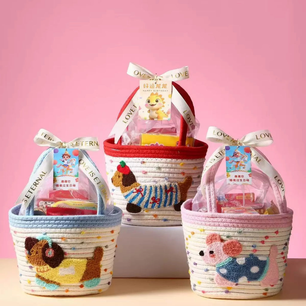 cute kawaii rope woven basket with dachshund design pastel storage organizer with handle