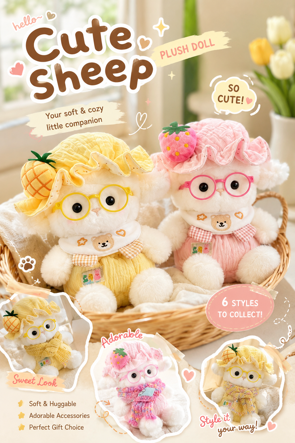 Sheep plush doll product details, 24cm soft toy with glasses hat scarf structure breakdown and features