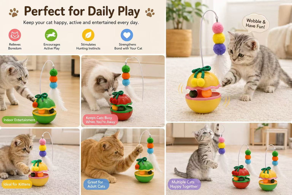 cat playing with interactive wobble toy feather teaser indoor fun catnip toy boredom relief for kittens