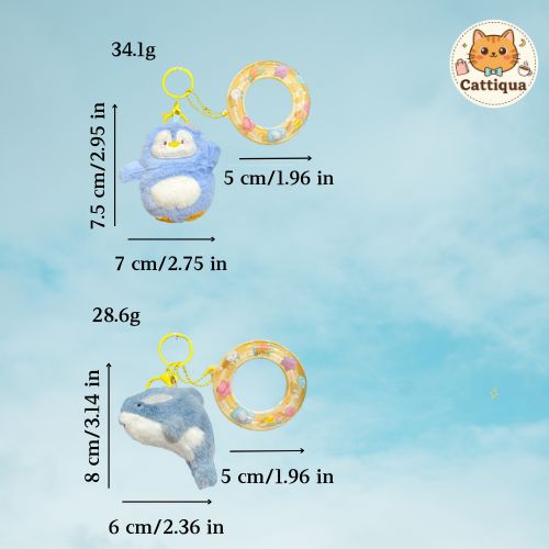 Size and weight of penguin and orca animal keychains with swim ring accessories