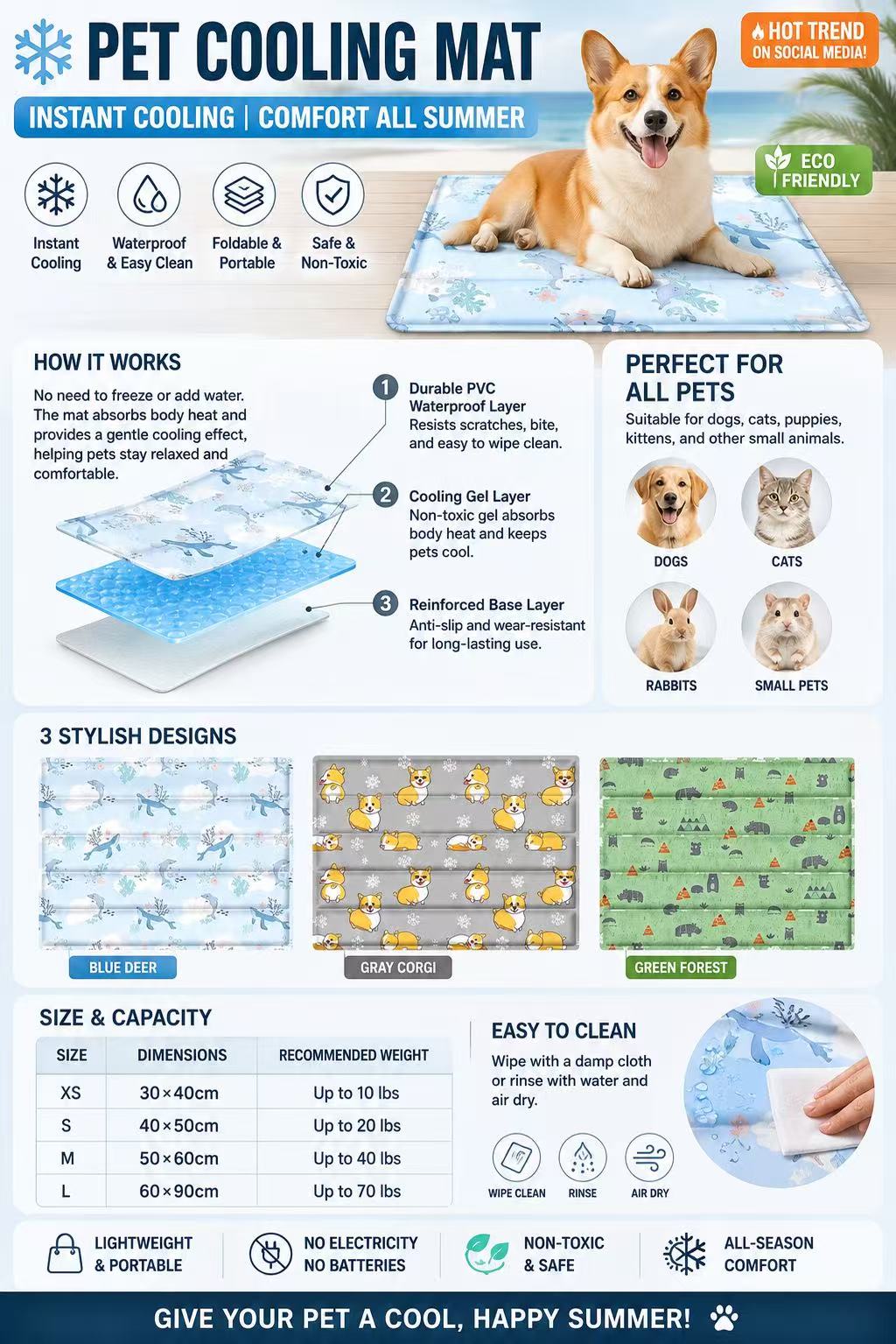 Pet cooling mat layered design with waterproof PVC surface, cooling gel core, and anti-slip base, safe and durable for summer use