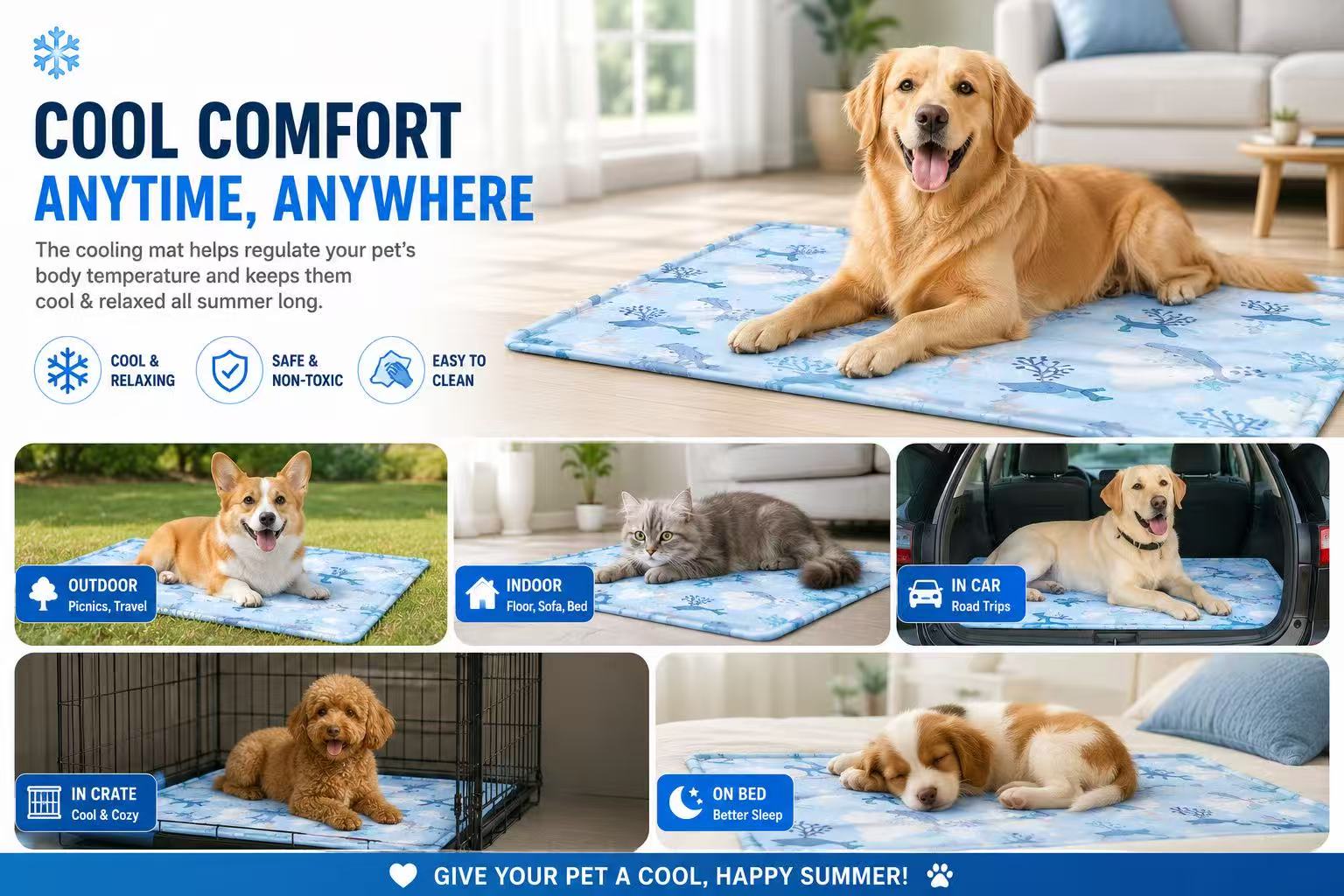 Pet cooling mat used indoor outdoor car crate bed, perfect for dogs and cats to stay cool and comfortable in summer