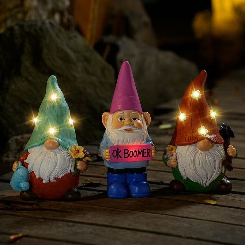 solar garden gnome light glowing at night waterproof outdoor christmas yard decoration